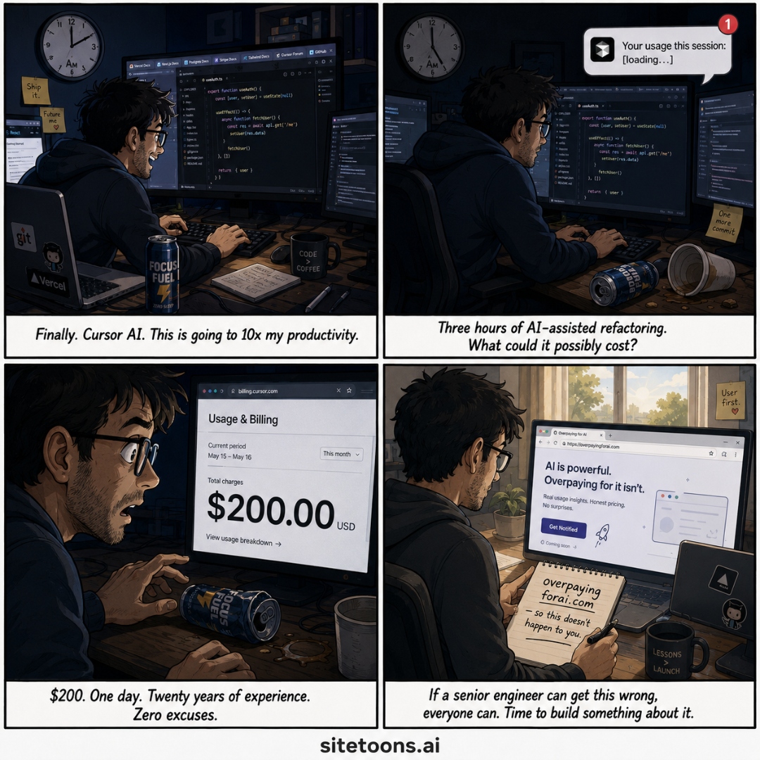 4-panel comic: a developer spends $200 on Cursor AI in one night and builds overpayingforai.com the next morning